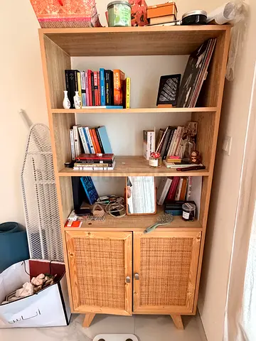 Wooden Bookcase with Rattan Cabinet Doors