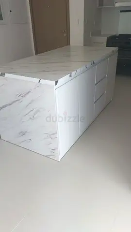 Custom made White Kitchen Island with Marble Finish and Storage Cabinets