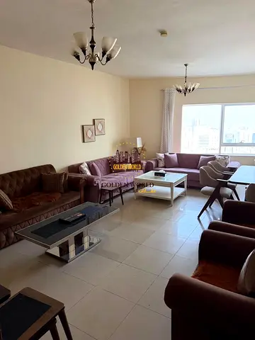 Furnished 1-bedroom apartment for annual rent in Al Taawun, AED 45,000. New, clean furniture, fully