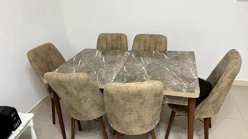 6-seater marble top dining table with -expandable upholstered chairs - good condition