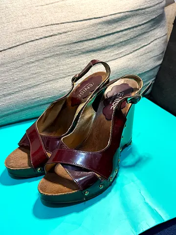 Venise Maroon Leather Wedge Sandals, Size 39 - Good Condition