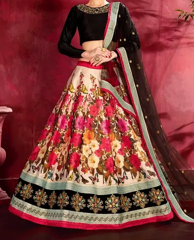 Embroidered Floral Lehenga with Black Velvet Blouse and Dupatta