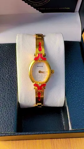Gold-tone Sonata Ladies Bracelet Watch with Red Enamel Accents