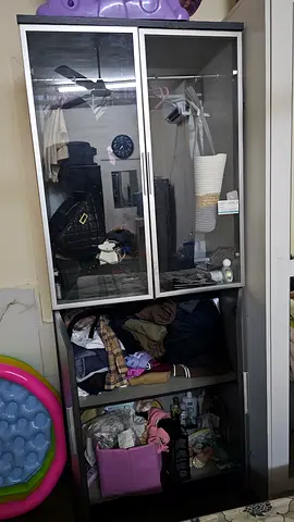Large Sliding Door Wardrobe / Closet - Glass Front, Dark Wood