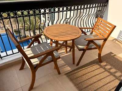 Pan Home Acacia Wood Outdoor Bistro Set – Round Table + 2 Armchairs with Cushions