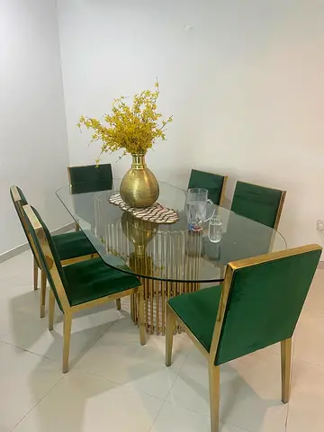 Glass Top Dining Table with Gold Base and 6 Green Velvet Chairs