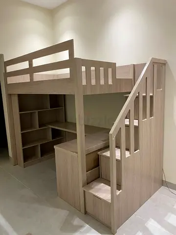 Custom made Loft Bunk Bed with Stairs, Built-in Shelves and Desk - Light Wood