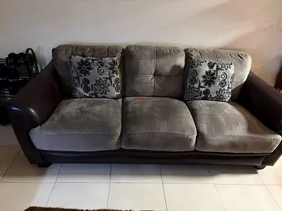 3-seater fabric sofa with leather arms - good condition