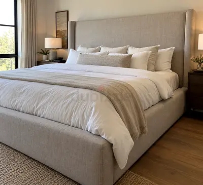 Valvet upholstered King bed with paded headboard
