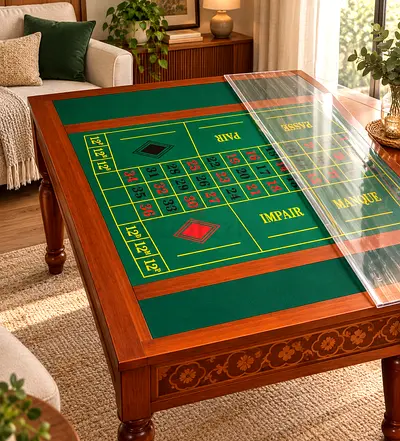 Solid wood gaming/dining table with roulette felt and clear protective cover
