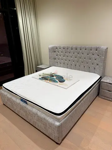 Queen upholstered bed frame with mattress - light grey, good condition