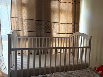 Junior White Wooden Baby Crib with Mattress - Good Condition