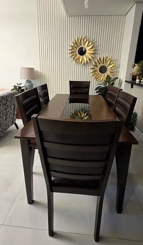 Solid Wood 6-Seater Dining Table Set - Dark Brown, Glass Inlay