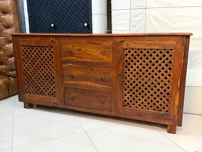 Solid Wood Sideboard Cabinet with Lattice Doors and 3 Drawers