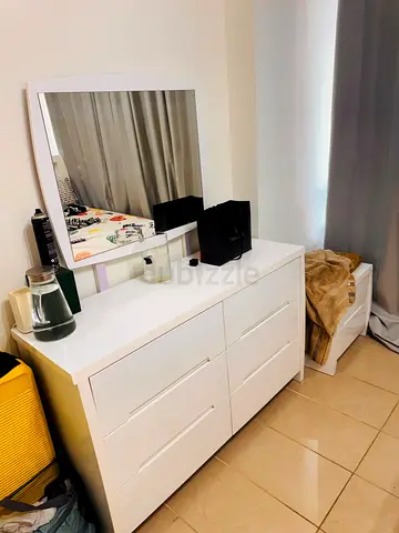 King size bed and White 6-Drawer Dresser with Mirror - Good Condition