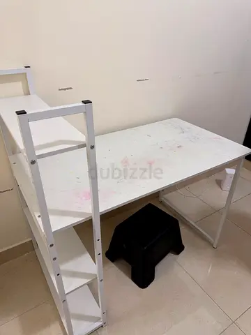 White rectangular study/office table with metal legs (used)