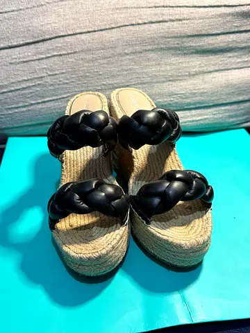 Black braided strap wedge espadrille sandals - size 39