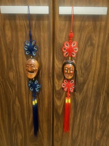 Pair of Handcrafted Wooden Hanging Mask Tassels