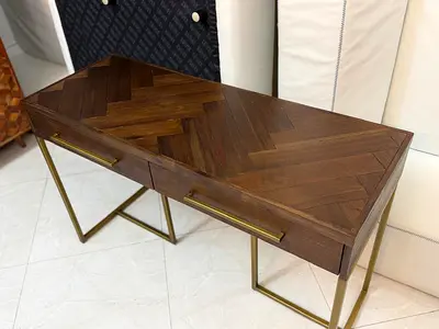 marina home Solid Wood Console Table with Brass Legs and Herringbone Top