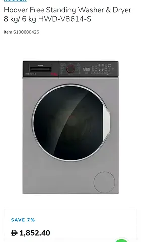 Hoover Free Standing Washer & Dryer 8kg/6kg HWD-V8614-S - Silver
