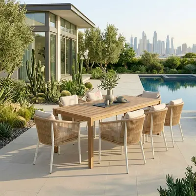 Outdoor 6-Seater Aluminium Dining Table with Rope Design Chairs - Brand New