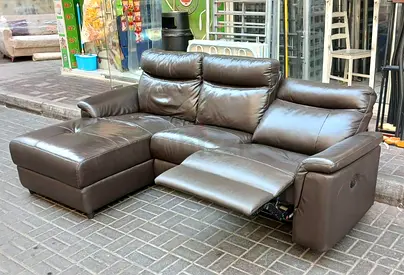 Brown leather 3-seater reclining sofa with chaise lounge