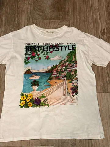 White T-shirt with Amalfi Coast Print, Women’s, Size M