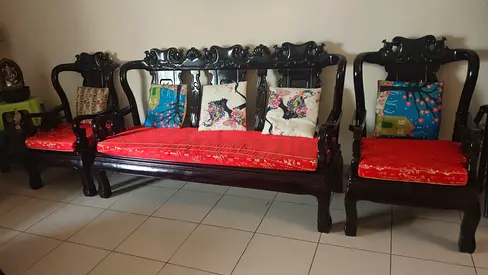 Solid carved dark Rosewood sofa set with red cushions - 3-seater + 2 chairs