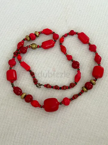Vintage red beaded necklace with gold accents - one-of-a-kind