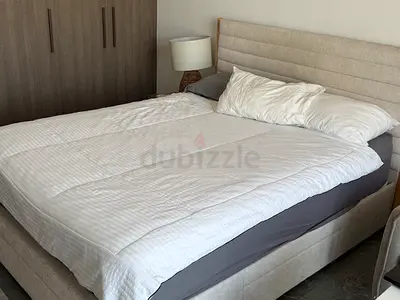 Beige Upholstered Double Bed with Headboard - Good Condition