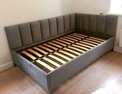 Corner daybed / single bed frame with upholstered backrest - grey