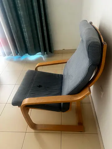 Grey fabric lounge chair with wooden frame - used - reclining chair