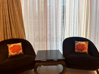 Pair of Black Velvet Lounge Chairs with Wooden Coffee Table