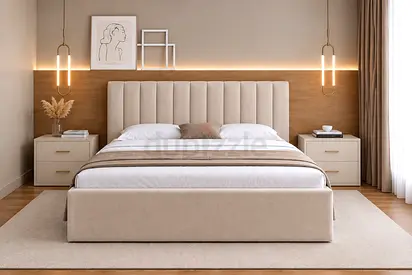 New Beige Upholstered King Bed with Headboard and Frame Nightstand