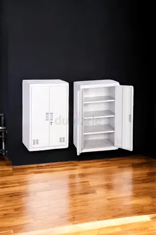 Set of 2 White Metal Wall-Mount Storage Cabinets with Shelves