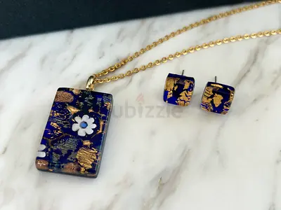 MURANO GLASS Italian Gold-tone Pendant Necklace with Matching Earrings - Mosaic Design