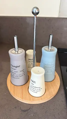 Ceramic Olive Oil, Vinegar, Salt & Pepper Set on Wooden Stand