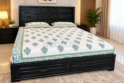 Solid black wooden king bed frame with storage drawers