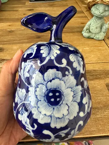 Blue and White Floral Ceramic Pear Ornament - Hand-painted Decorative Piece