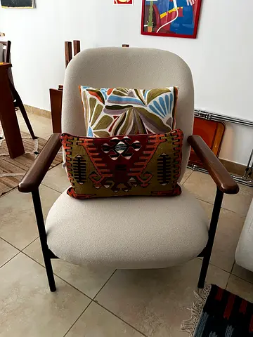 OC HOME Mid-century style armchair with wooden arms and cream upholstery