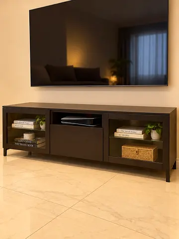Dark Wood TV Entertainment Unit with Glass Doors - Good Condition