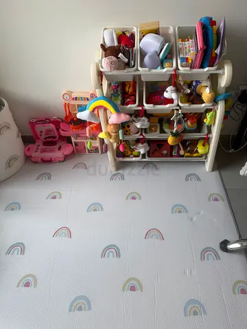 Fabric Nursery Storage Basket with Rainbow Design play mat (125x185cm) and toys rack- Good Condition