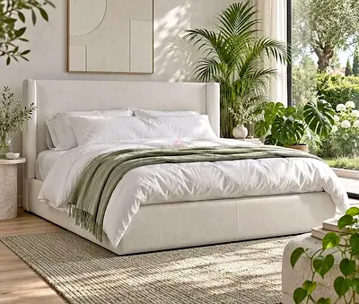 Upholstered king sizeDouble Bed Frame with with Mattress Headboard - Cream