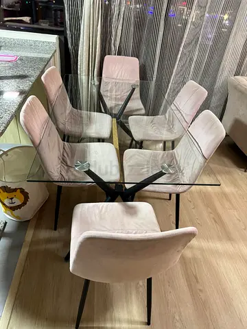 Glass Top Dining Table with 6 Pink Velvet Chairs - Good Condition
