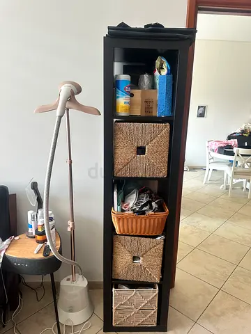 Tall Narrow Storage Shelf Unit with Baskets - Dark Wood