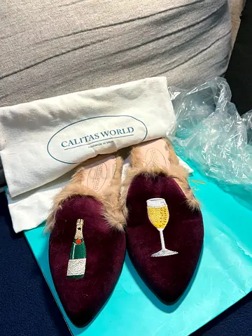 Calitas World burgundy velvet fur-lined mules with embroidered wine motifs — size 40