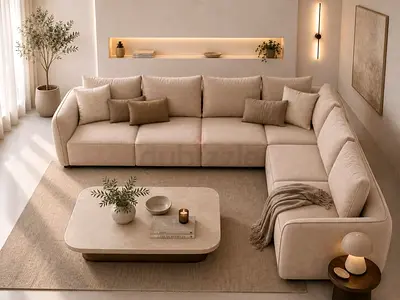 Modular corner 5 seater sofa L shaped Beige colur with boucle fabric