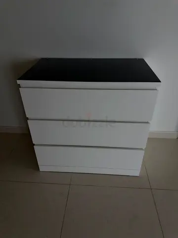 IKEA MALM Chest of 3 Drawers (White) + Original IKEA Glass Top Protector