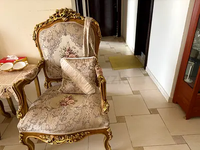 Ornate Gold Accent Armchair with Floral Upholstery - Good Condition