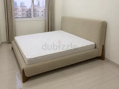 Beige Upholstered Double Bed Frame with Headboard and Mattress